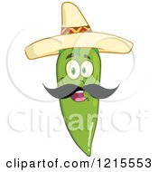 Poster, Art Print Of Happy Green Chili Pepper Character With A Mustache Wearing A Mexican Sombrero Hat