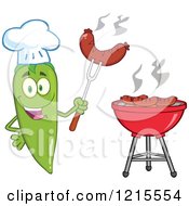 Poster, Art Print Of Happy Green Chili Pepper Chef Character With A Sausage Over A Bbq