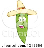 Clipart Of A Happy Green Chili Pepper Character Wearing A Mexican Sombrero Hat Royalty Free Vector Illustration