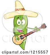 Poster, Art Print Of Green Chili Pepper Character Guitarist Wearing A Mexican Sombrero Hat