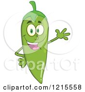 Clipart Of A Happy Green Chili Pepper Character Waving Royalty Free Vector Illustration