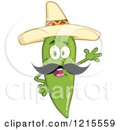 Poster, Art Print Of Waving Green Chili Pepper Character Wearing A Mexican Sombrero Hat