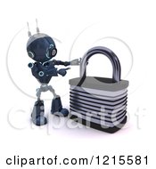 Poster, Art Print Of 3d Blue Android Robot Pointing To A Padlock