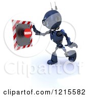 Poster, Art Print Of 3d Blue Android Robot Reaching For A Warning Button