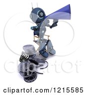 Poster, Art Print Of 3d Blue Android Robot Movie Director Using A Cone