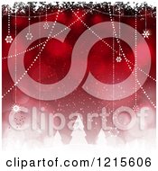 Poster, Art Print Of Red Christmas Background With Suspended Swinging Stars And Flares Over Trees