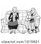 Retro Vector Clipart Of A Vintage Teenage Boy Talking To A Knitting Lady In Black And White Royalty Free Illustration by Picsburg