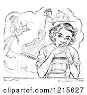 Retro Vector Clipart Of A Vintage Teen High School Girl Daydreaming Of Careers Over Books In Black And White Royalty Free Illustration by Picsburg