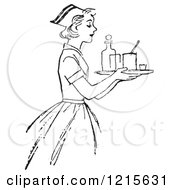 Retro Vector Clipart Of A Vintage Nurse Carrying A Tray With Medicine In Black And White Royalty Free Illustration by Picsburg #COLLC1215631-0181
