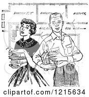 Retro Vector Clipart Of A Vintage Teenage Couple With Books And School Blueprints In Black And White Royalty Free Illustration by Picsburg #COLLC1215634-0181