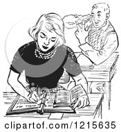 Retro Vector Clipart Of A Vintage Teenage Boy Aiming At A Female Classmate In Black And White Royalty Free Illustration by Picsburg