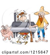 Hillbilly Man With A Rifle Standing By A Bbq Smoker With A Cow Chicken And Pig