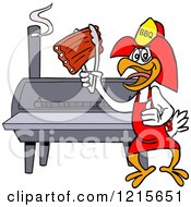 Poster, Art Print Of Bbq Firefighter Chicken Holding Up Ribs By A Smoker
