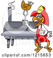 Clipart Of A Bbq Firefighter Chicken Holding Up Roasted Poultry By A Smoker Royalty Free Vector Illustration by LaffToon