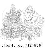 Clipart Of An Outlined Santa Standing On A Stool And Decorating A Christmas Tree Royalty Free Vector Illustration