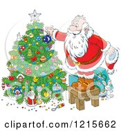 Clipart Of Santa Standing On A Stool And Decorating A Christmas Tree Royalty Free Vector Illustration
