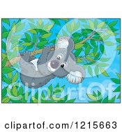 Clipart Of A Cute Koala Clinging To A Tree Branch Against Blue Sky Royalty Free Vector Illustration