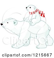 Clipart Of A Cute Polar Bear Cub Wearing A Scarf And Riding On Its Moms Back Royalty Free Vector Illustration