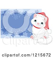 Cute White Christmas Cat Wearing A Santa Hat By A Snowflake Border