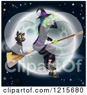 Poster, Art Print Of Green Halloween Witch Flying With A Cat On A Broomstick Against A Full Moon