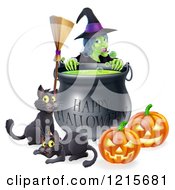 Poster, Art Print Of Witch Behind A Boiling Happy Halloween Cauldron With A Broomstick Black Cats And Jackolanterns