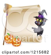 Poster, Art Print Of Black Cat Wearing A Witch Hat And Pointing To A Scroll Sign With A Broomstick And Halloween Pumpkins