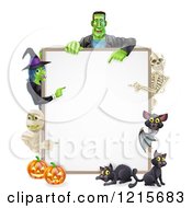 Poster, Art Print Of Witch Skeleton Mummy Bat And Frankenstein Pointing To A White Board Sign Over Pumpkins And Black Cats