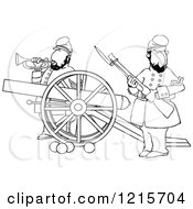 Outlined Civil War Soldiers Holding A Rifle And Playing A Bugle Horn Beside A Cannon On The Battlefield