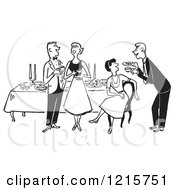 Cartoon Of A Gentleman Serving A Lady At A Party Table While A Couple Talks In Black And White Royalty Free Vector Clipart by Picsburg #COLLC1215751-0181