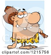 Clipart Of A Caveman With A Club On His Shoulder Over Blue And White Royalty Free Vector Illustration by Hit Toon