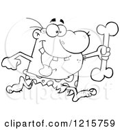 Clipart Of An Outlined Caveman Running With A Big Bone Royalty Free Vector Illustration