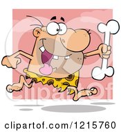 Poster, Art Print Of Caveman Running With A Big Bone Over Pink And White