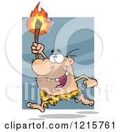 Clipart Of A Caveman Running With A Torch Over Blue And White Royalty Free Vector Illustration by Hit Toon