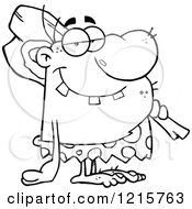 Clipart Of An Outlined Caveman With A Club On His Shoulder Royalty Free Vector Illustration