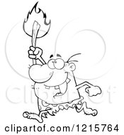 Clipart Of An Outlined Caveman Running With A Torch Royalty Free Vector Illustration