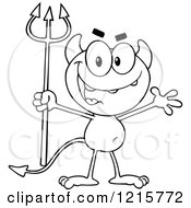 Clipart Of An Outlined Devil Waving And Holding A Pitchfork Royalty Free Vector Illustration by Hit Toon