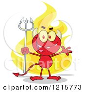 Clipart Of A Red Devil Waving And Holding A Pitchfork Over Flames Royalty Free Vector Illustration by Hit Toon