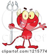 Clipart Of A Red Devil Waving And Holding A Pitchfork Royalty Free Vector Illustration by Hit Toon
