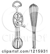 Vintage Clipart Of A Retro Antique Rotary Egg Beater And Whip In Black And White Royalty Free Vector Illustration by Picsburg #COLLC1215931-0181