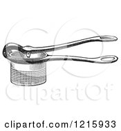 Vintage Clipart Of A Retro Antique Potato Ricer Kitchen Utensil In Black And White Royalty Free Vector Illustration by Picsburg