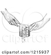 Vintage Clipart Of Hands Leveling Off A Measuring Cup With A Knife In Black And White Royalty Free Vector Illustration