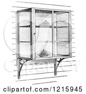 Vintage Clipart Of Retro Screened In Cellar Shelves With Food In Black And White Royalty Free Vector Illustration