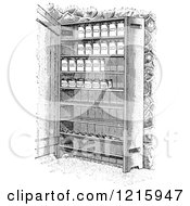 Retro Cupboard Shelves With Canned Goods In Black And White