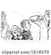 Vintage Clipart Of A Retro Teenage Couple Shocked At Strict Fathers In Black And White Royalty Free Vector Illustration