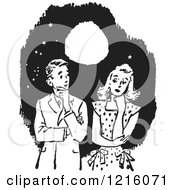 Vintage Clipart Of A Retro Awkward Teenage Couple Thinking Under A Full Moon In Black And White Royalty Free Vector Illustration by Picsburg #COLLC1216071-0181