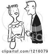 Cartoon Of A Retro Talkative Young Couple Having A Conversation In Black And White Royalty Free Vector Clipart