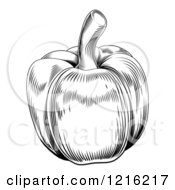 Clipart Of A Vintage Woodcut Styled Bell Pepper In Black And White Royalty Free Vector Illustration