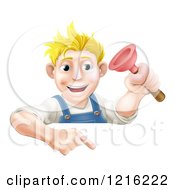 Poster, Art Print Of Happy Young Blond Plumber Holding A Plunger And Pointing Down At A Sign