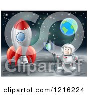 Poster, Art Print Of Astronaut With A Flag Standing On The Moon By A Rocket With Earth In The Distance