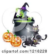 Poster, Art Print Of Witch Touching Her Hat Behind A Boiling Halloween Cauldron Black Cats And Jackolanterns